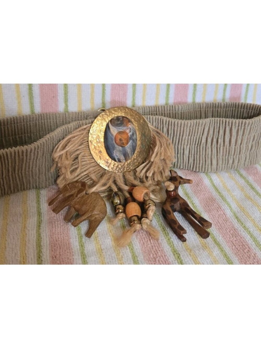 VTG 60s Artisan Stretch Belt Brass Tiger’s Eye Wood Beads Safari Animals Boho